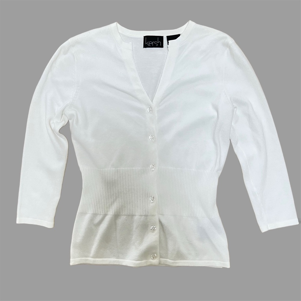 Kersh White V-Neck Cotton Cardigan Sweater - Size XS